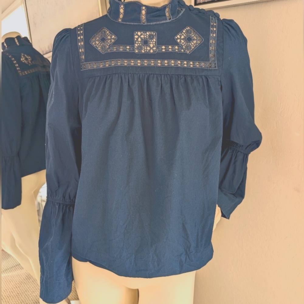 Free People Another Eternity Bell-Sleeve Blue Teal Stencil Cut-out Blouse Small